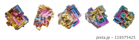Bismuth crystal, gemstone, gem, mineral specimen PNG set bundle transparent background isolated graphic resource cutout. Lapidary, healing, geology, rockhounding, collecting, rainbow, colorful 119375425