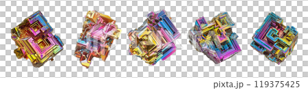 Bismuth crystal, gemstone, gem, mineral specimen PNG set bundle transparent background isolated graphic resource cutout. Lapidary, healing, geology, rockhounding, collecting, rainbow, colorful 119375425