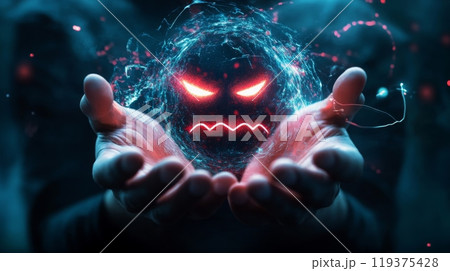 The image depicts a pair of hands, with palms facing upward, cradling a glowing orb. The orb is a swirling mix of blue and white light, and it contains a red, glowing angry face The image depicts a pair of hands, with palms facing upward, cradling a glowing orb. The orb is a swirling mix of blue and white light, and it contains a red, glowing angry face 119375428