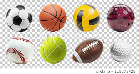 Sport activity balls, variety set bundle PNG transparent background, isolated graphic resource cutout. Soccer, american football, basketball, baseball, volleyball, tennis, golf, bowling 119375429