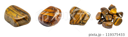 Tigers eye tumbled rock, stone, gem, specimen PNG set bundle transparent background isolated graphic resource cutout. Lapidary, geology, rockhounding, collecting, gemstone, mineral 119375433