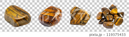 Tigers eye tumbled rock, stone, gem, specimen PNG set bundle transparent background isolated graphic resource cutout. Lapidary, geology, rockhounding, collecting, gemstone, mineral 119375433