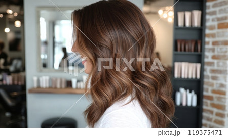 A woman showcases her long, wavy brown hair in a chic salon environment with stylish decor and warm lighting. 119375471