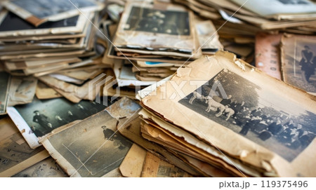 A collection of aged photographs stacked on a wooden table, portraying memories of the past. 119375496