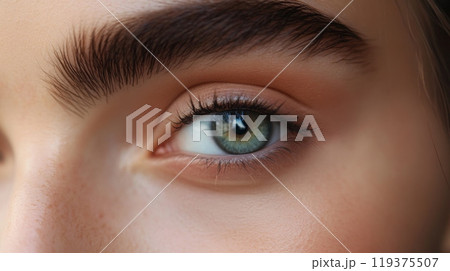 A young woman captivating green eye is highlighted, showcasing its vivid color and detail. Well-defined brows frame the eye, enhancing the overall natural beauty in a soft, neutral setting. 119375507