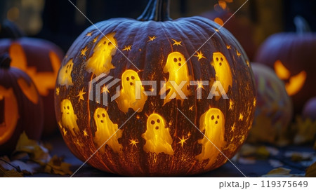 A beautifully crafted Halloween pumpkin displays glowing ghost figures, surrounded by autumn leaves and other carved pumpkins 119375649