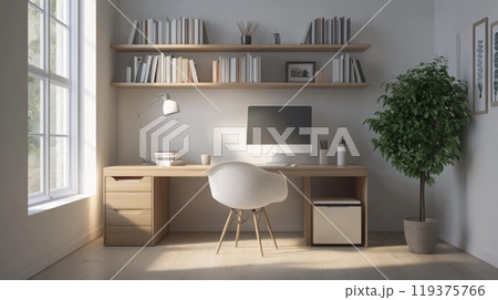 A cozy home office has a sleek desk with a computer, tidy bookshelves, and a potted plant, all bathed in soft natural light from the window, fostering a peaceful workspace. 119375766