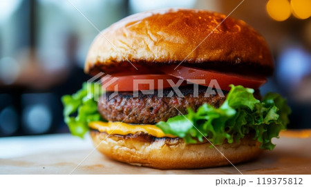A freshly made cheeseburger topped with lettuce and tomato on a wooden table in a warm, inviting restaurant. A freshly made cheeseburger topped with lettuce and tomato on a wooden table in a warm, inviting restaurant. 119375812