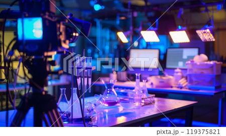 A camera is positioned in a laboratory setting, focused on a variety of beakers and glassware, with computers and lighting in the background. A camera is positioned in a laboratory setting, focused on a variety of beakers and glassware, with computers and lighting in the background. 119375821