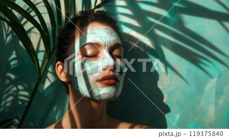 A woman relaxes with a facial mask on, her eyes closed, as sunlight streams through leaves casting shadows on her face and the wall. A woman relaxes with a facial mask on, her eyes closed, as sunlight streams through leaves casting shadows on her face and the wall. 119375840