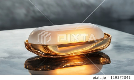 A modern lamp with a white, oval-shaped shade and a gold base sits on a reflective surface. The lamp is illuminated and casting a warm glow. A modern lamp with a white, oval-shaped shade and a gold base sits on a reflective surface. The lamp is illuminated and casting a warm glow. 119375841