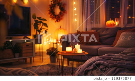 The living room is softly illuminated by candles and pumpkin decorations, creating a warm, inviting atmosphere perfect for autumn evenings. 119375877