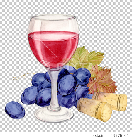 Glass of red wine, wine corks and blue grapes. Illustration of a bunch of grapes with purple berries and leaves lying on a table. Clipart for wine labels, winery, cafe, restaurant. Glass of red wine, wine corks and blue grapes. Illustration of a bunch of grapes with purple berries and leaves lying on a table. Clipart for wine labels, winery, cafe, restaurant. 119376104