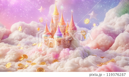 Nestled among fluffy clouds, a vibrant castle with colorful towers stands majestically. Golden coins float around, creating an enchanting and magical atmosphere filled with wonder and imagination. 119376287