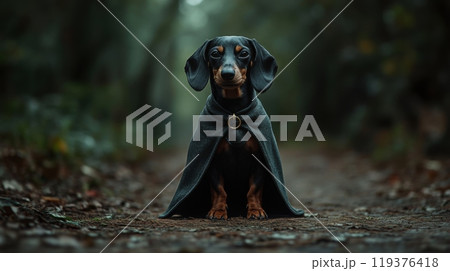 A dachshund in a dark cloak sits confidently on a wooded trail surrounded by lush greenery. The soft morning light filters through the trees, creating an enchanting atmosphere. A dachshund in a dark cloak sits confidently on a wooded trail surrounded by lush greenery. The soft morning light filters through the trees, creating an enchanting atmosphere. 119376418