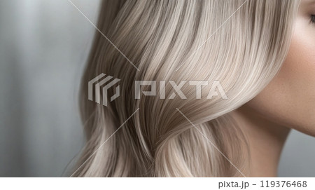 Silky, wavy blonde locks cascade gently over the shoulder, illuminated by soft, natural light, highlighting the hair's shine and texture. 119376468