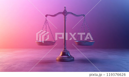 The balanced scales represent the concepts of justice and equality, set against a vibrant gradient background that enhances their significance and solemnity. 119376626