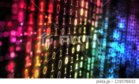 A close-up shot of a digital display with binary code, illuminated by a colorful rainbow of lights, creating a dynamic and abstract background. 119376632