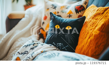 A warm and inviting living space features a black cat-shaped pillow resting on a sofa adorned with colorful blankets and cushions 119376721