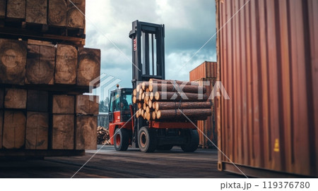 A forklift lifts a stack of timber logs at a lumber yard, surrounded by shipping containers under a cloudy sky. A forklift lifts a stack of timber logs at a lumber yard, surrounded by shipping containers under a cloudy sky. 119376780