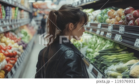 A young woman in a leather jacket examines fresh vegetables in a grocery store. The well-lit aisle is stocked with a variety of produce, showcasing colorful fruits and greens around her. 119376931
