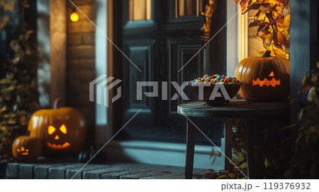 The porch is illuminated by warm lights, showcasing creatively carved pumpkins and a bowl filled with vibrant candies, setting a festive Halloween atmosphere as night falls. 119376932