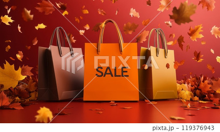 Three vibrant shopping bags featuring sale signs sit against a red background, surrounded by autumn leaves cascading down, creating a festive atmosphere perfect for seasonal shopping events. Three vibrant shopping bags featuring sale signs sit against a red background, surrounded by autumn leaves cascading down, creating a festive atmosphere perfect for seasonal shopping events. 119376943