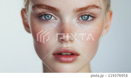 A young woman gazes directly at the viewer, showcasing her beautiful blue eyes and natural freckles, enhanced by soft lighting that accentuates her delicate features and youthful glow. 119376958