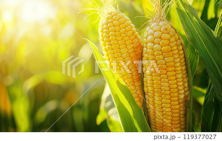 Corn cobs close up, blurred corn field background with copy space, AI generated 119377027