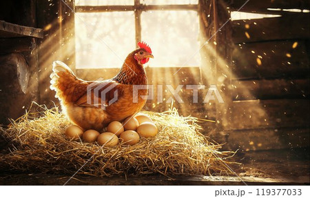 Hen is sitting on the eggs in a straw nest, old farm barn background with bright sunlight coming through the window, copy space Hen is sitting on the eggs in a straw nest, old farm barn background with bright sunlight coming through the window, copy space 119377033