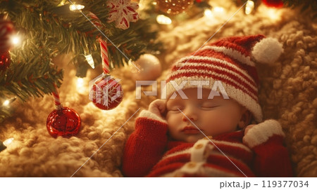 A baby, dressed in a red and white Santa suit, sleeps soundly under a Christmas tree. The tree is decorated with lights and ornaments. The baby's eyes are closed, and its face is peaceful. A baby, dressed in a red and white Santa suit, sleeps soundly under a Christmas tree. The tree is decorated with lights and ornaments. The baby's eyes are closed, and its face is peaceful. 119377034