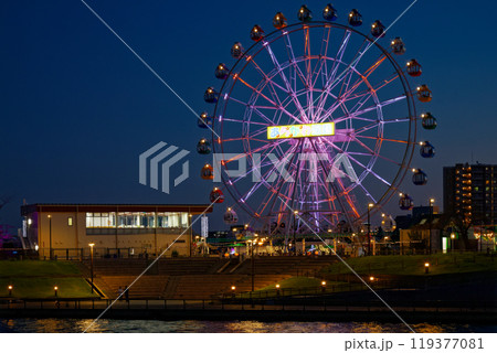 あらかわ遊園の観覧車と隅田川に映える景観　夜景　ライトアップ 119377081