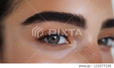 A young woman gazes subtly, emphasizing her striking eye color and perfectly shaped eyebrows, illuminated by natural light. The freckles on her skin add to her unique beauty. 119377298