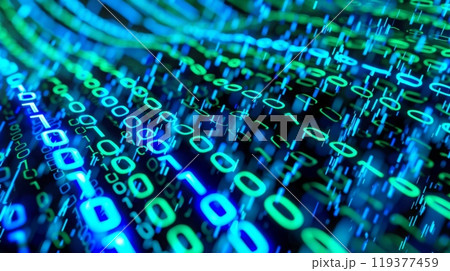 A field of glowing blue and green 0s and 1s, representing digital data flow. 119377459