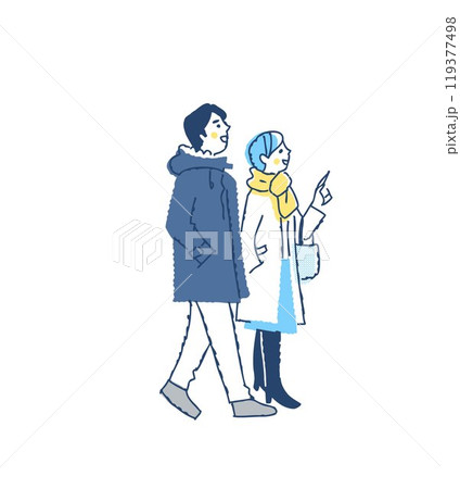 並んで歩いている冬服の若いカップル 並んで歩いている冬服の若いカップル 119377498