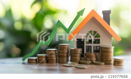 A small model house sits next to increasing stacks of coins, illustrating the growth of real estate investment and financial success. A small model house sits next to increasing stacks of coins, illustrating the growth of real estate investment and financial success. 119377688