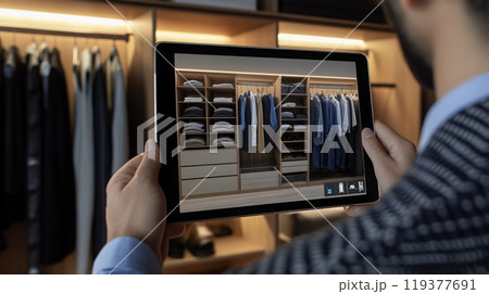 A person engages with a tablet app to design a closet, examining detailed visuals of clothing and storage options. The room features a stylish wardrobe with neatly organized shirts and suits. 119377691