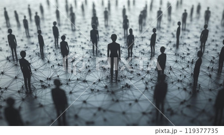 Abstract figures stand amidst a network of connections, symbolizing diversity and interaction in a digital landscape, reflecting modern society's complexity. 119377735