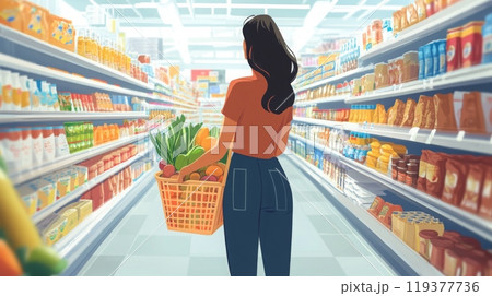 A woman carrying a basket filled with fresh fruits and vegetables strolls through a vibrant supermarket aisle. 119377736