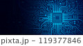 Illustration of computer processor chip on circuit board, empty space. Panorama 119377846