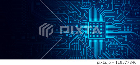 Illustration of computer processor chip on circuit board, empty space. Panorama Illustration of computer processor chip on circuit board, empty space. Panorama 119377846