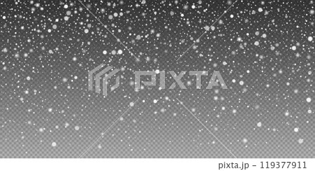 White snow overlay on a clear, transparent dark background. Vector frosty particles illustration 119377911