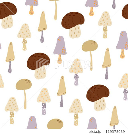 Mushroom, toadstool seamless pattern, seasonal Halloween hand drawn vector illustration of inedible fairy, magic fantasy witchcraft symbol of autumn holidays simple doodle style repeat ornament Mushroom, toadstool seamless pattern, seasonal Halloween hand drawn vector illustration of inedible fairy, magic fantasy witchcraft symbol of autumn holidays simple doodle style repeat ornament 119378089