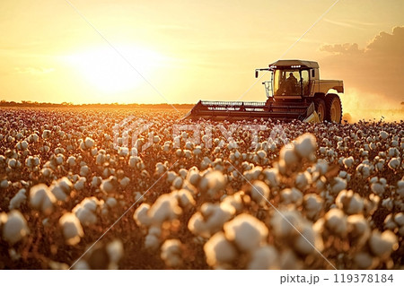 Combine harvester harvesting cotton in a field at sunset 119378184