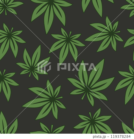 Vector Seamless Pattern with Flat Cannabis Leaves. Hemp, Cannabis Green Leaf on Black Background. Seamless Print with Medical Marijuana. Vector Illustration 119378284