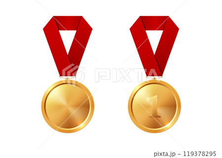 Vector Gold Award Medal Icon Set with Color Ribbons Close-up Isolated. Gold First Place Medal and Blank Medal. Sport Tournament Victory Concept. Design Template for for Competition, Award 119378295