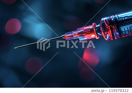 Syringe needle pointing with red liquid and dramatic lighting 119378322