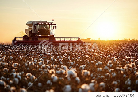 Combine harvester working on a cotton field at sunset Combine harvester working on a cotton field at sunset 119378404