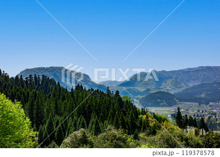 新緑の杉山の稜線と伐株山と玖珠盆地の山並み 新緑の杉山の稜線と伐株山と玖珠盆地の山並み 119378578