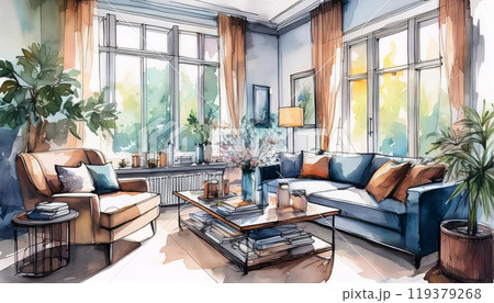Watercolor interior design sketch with vibrant colors and natural light 119379268